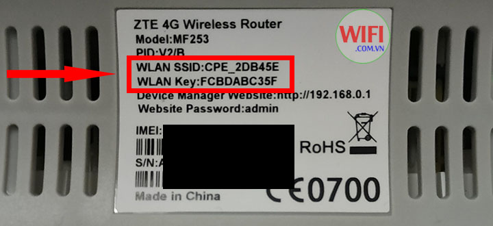 Thông tin thiết bị ZTE MF253 dán dưới thiết bị