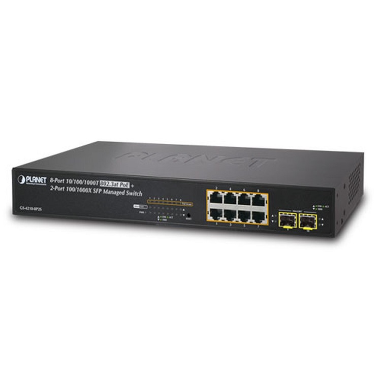 Thiết Bị Chuyển Mạch 8 Cổng Planet GS-4210-8P2S, Gigabit Ethernet Switch 8-Port Managed 802.3at POE + 2-Port 100/1000X SFP (120W)