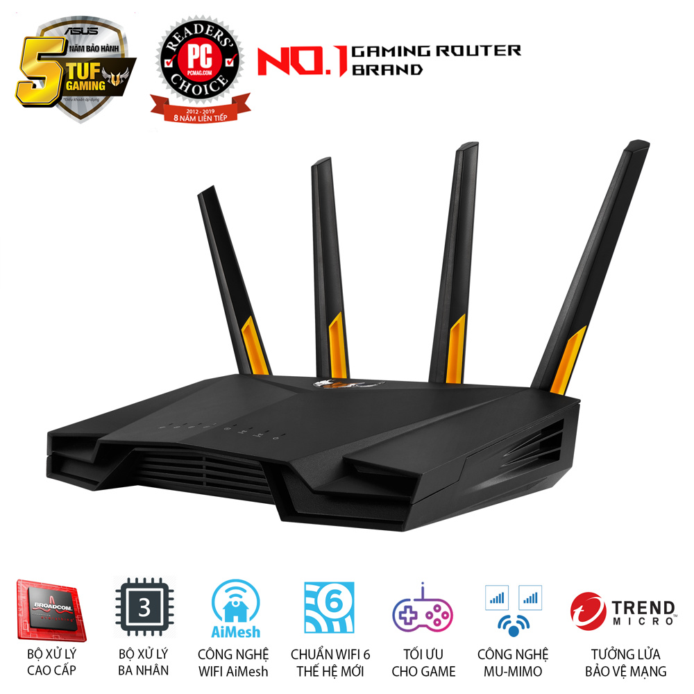 Router Wifi ASUS Gaming TUF AX3000, Băng tầng kép WiFi 6 chuẩn AX, Cổng chơi game chuyên dụng
