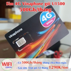 Sim 4G Vinaphone gói U1500 Trọn gói 12 tháng, mỗi tháng 500Gb