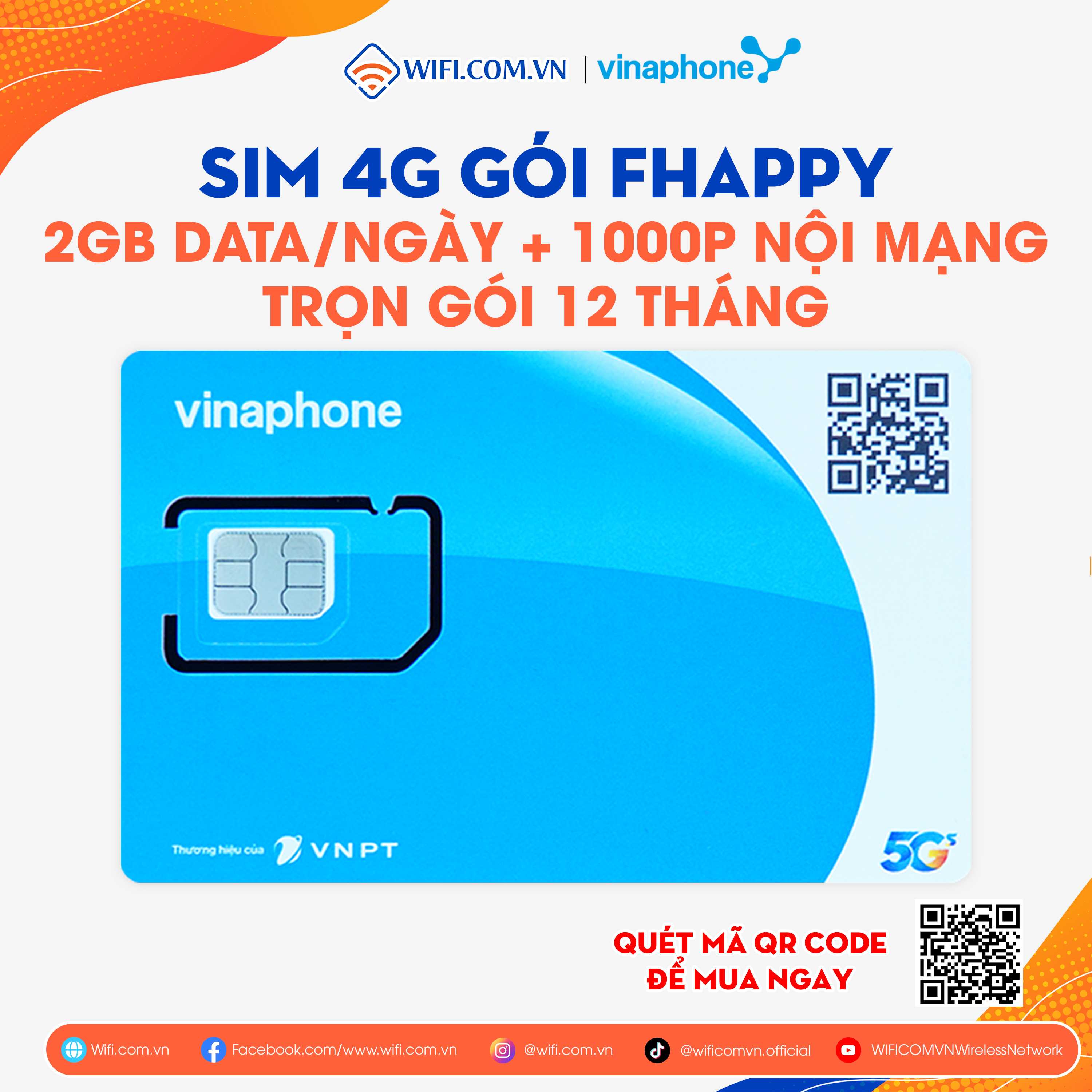Sim 4G Vinaphone Gói FHAPPY Trọn Gói 12 Tháng Có 2Gb/Ngày + 1000p Gọi Nội Mạng