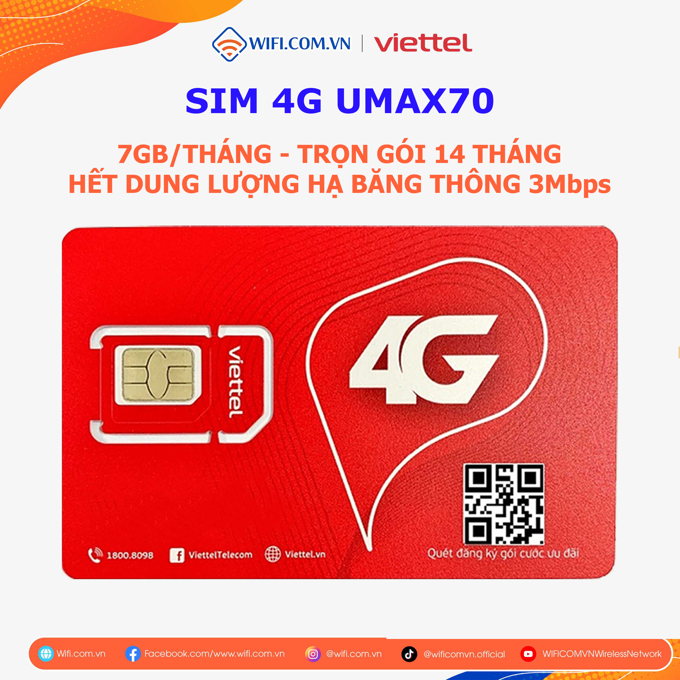 Sim 4G Viettel Gói UMAX70 Trọn Gói 14 Tháng, Có 7GB/Tháng, Hết 7GB giảm tốc độ xuống 3Mbps