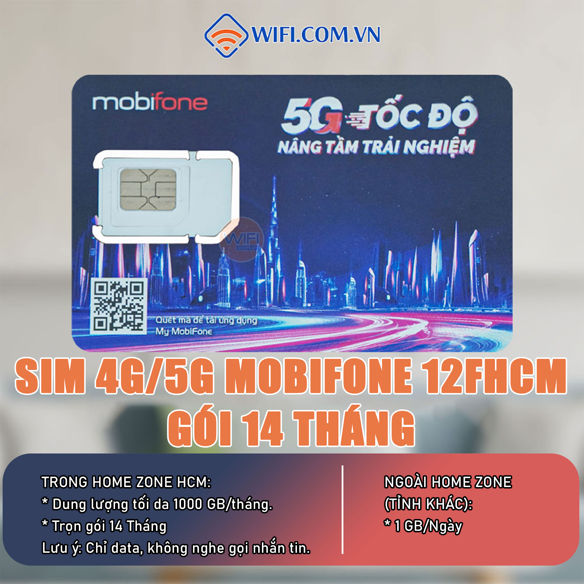 Sim 4G/5G Mobifone 12FHCM Home Zone HCM Trọn gói 14 tháng | Dung lượng tối đa 1000GB/Tháng | Tốc độ cao 300Mbps